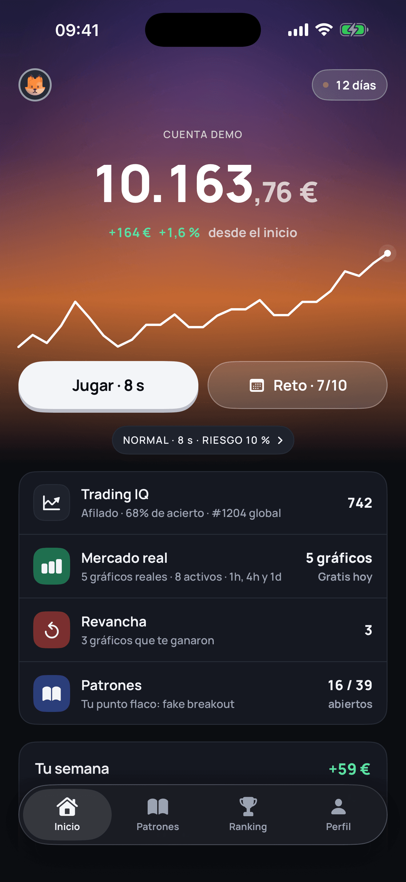 Pantalla de inicio de Vela: la cuenta demo con su curva, el botón Jugar y el reto del día.